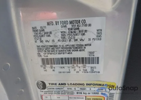 2011 Ford F-150 Xlt from USA, damaged, VIN 1FTFW1CF3BFB71453